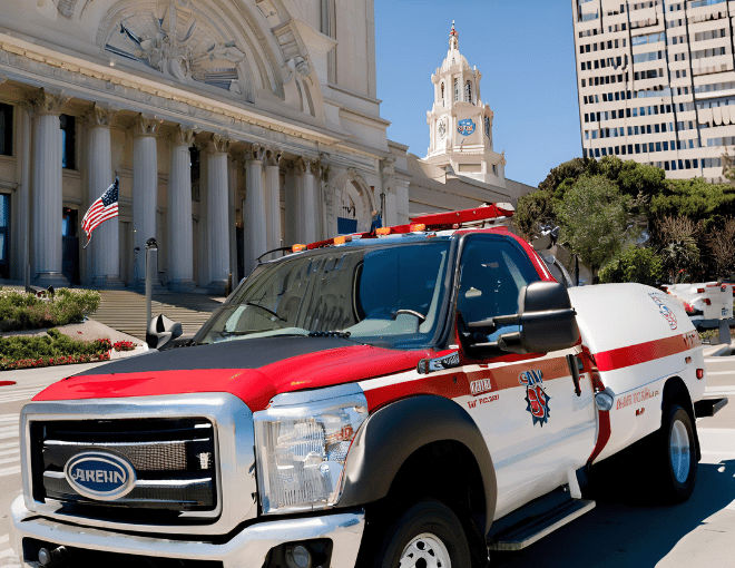 A tow truck is parked in front of a city hall, with the building towering behind.