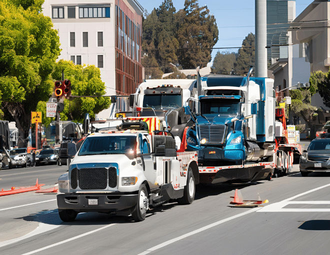 A big tow truck towing a large vehicle through the busy streets of San Jose, highlighting future regulations, sustainability efforts, and technological advancements amidst political changes.