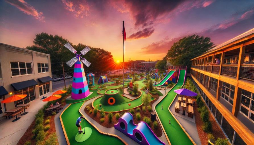 A sunset-lit mini golf course in Raleigh with colorful obstacles and players.