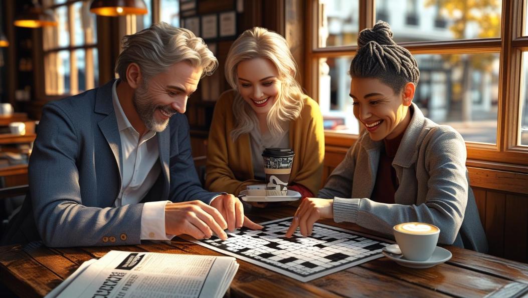 Three adults solving a crossword puzzle together in a warm, sunlit café.