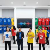 A group of political candidates singing karaoke inside a shirt room