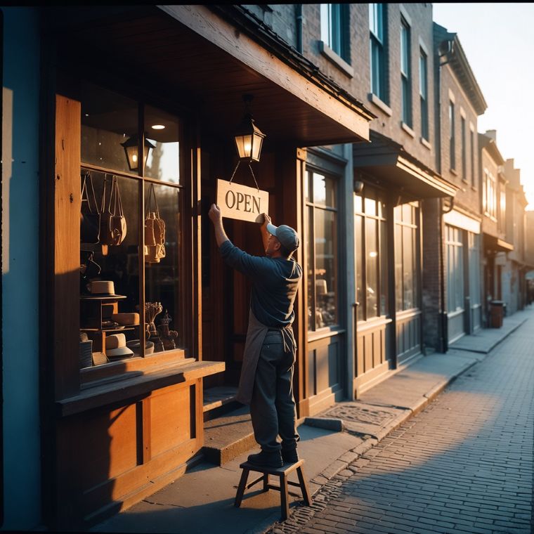 business owner hanging an open sign