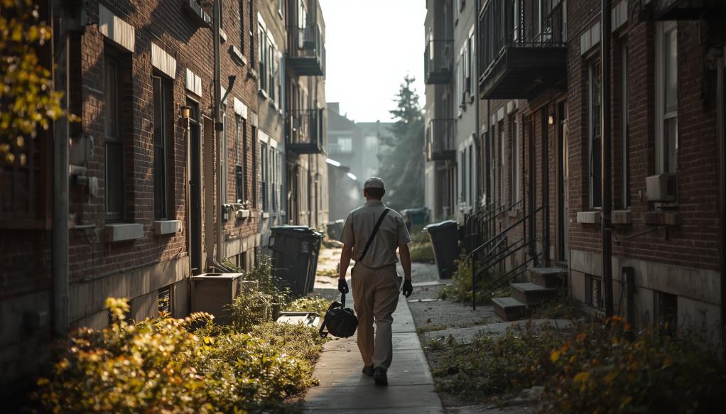 Technician discussing inspection with resident in sunny neighborhood alley beside brick apartments.